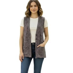 Maurices Sweater Vest Womens Medium Gray Marled Open Front Pockets Button Knit